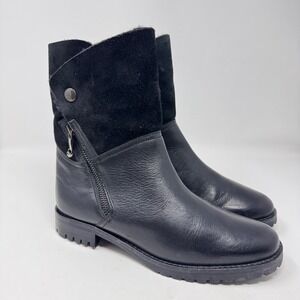 Black Leather Suede Foldover Fur Trimmed Moto Boots Womens Size 38 Made in Italy